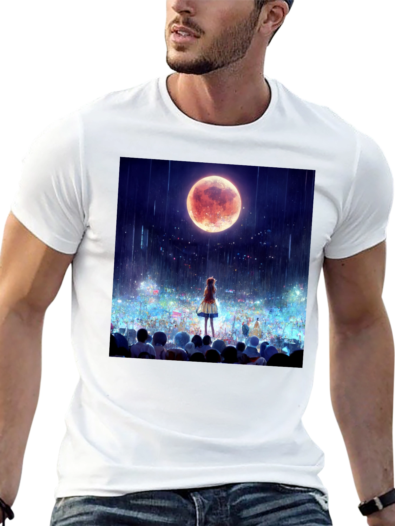 Anime Moon Crowd Graphic Tee - Black