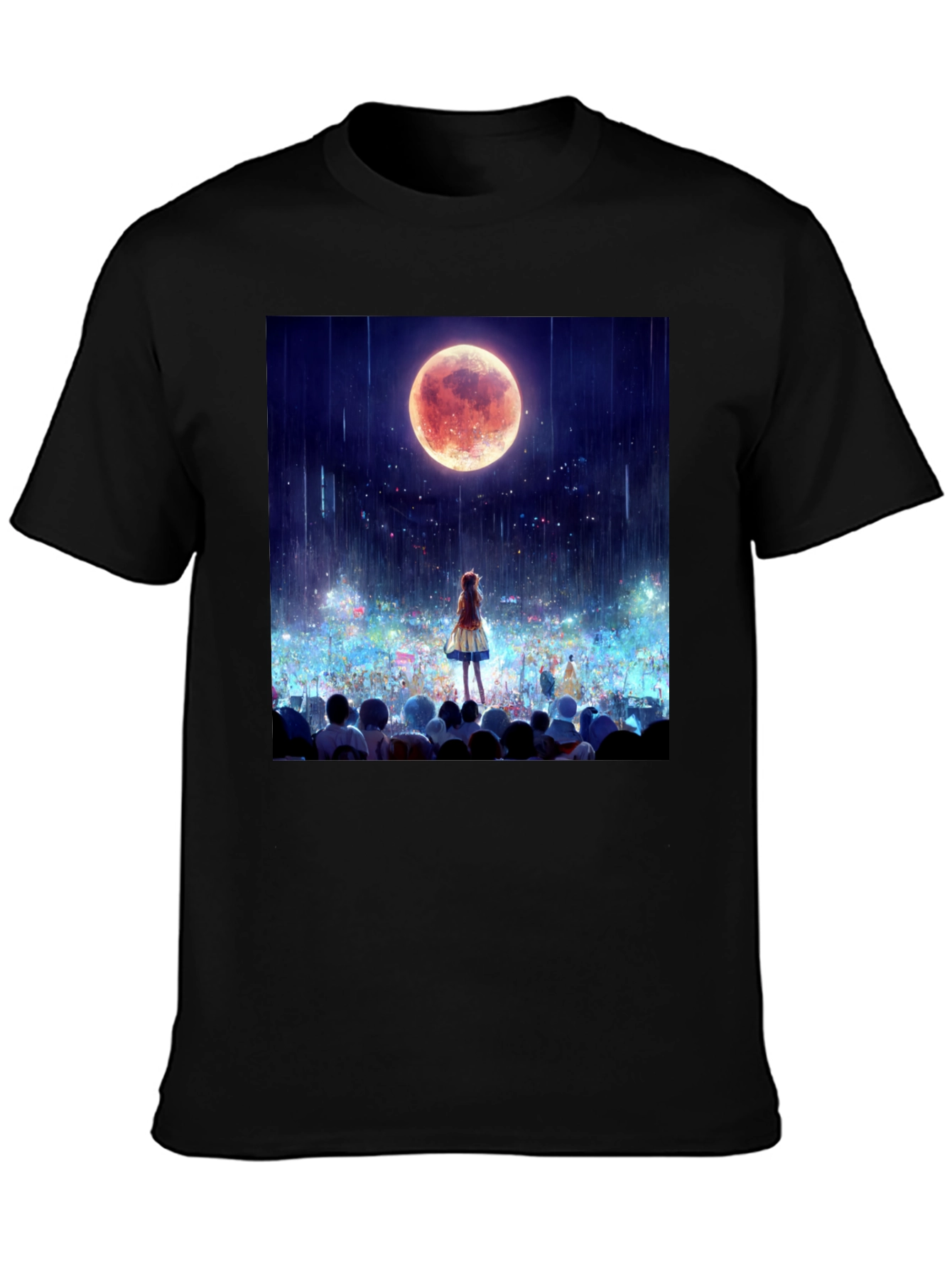 Anime Moon Crowd Graphic Tee - Black