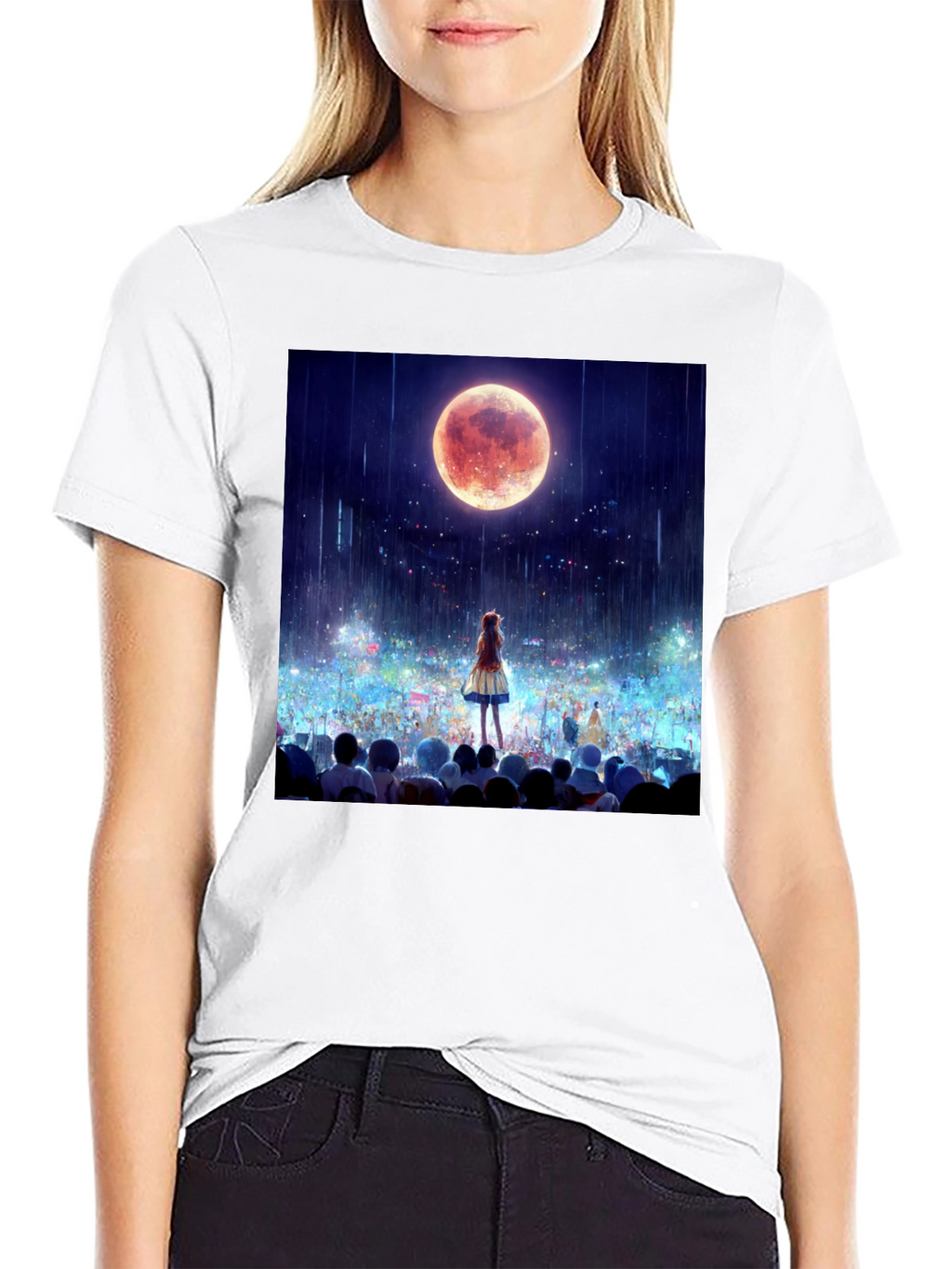Anime Moon Crowd Graphic Tee - Black