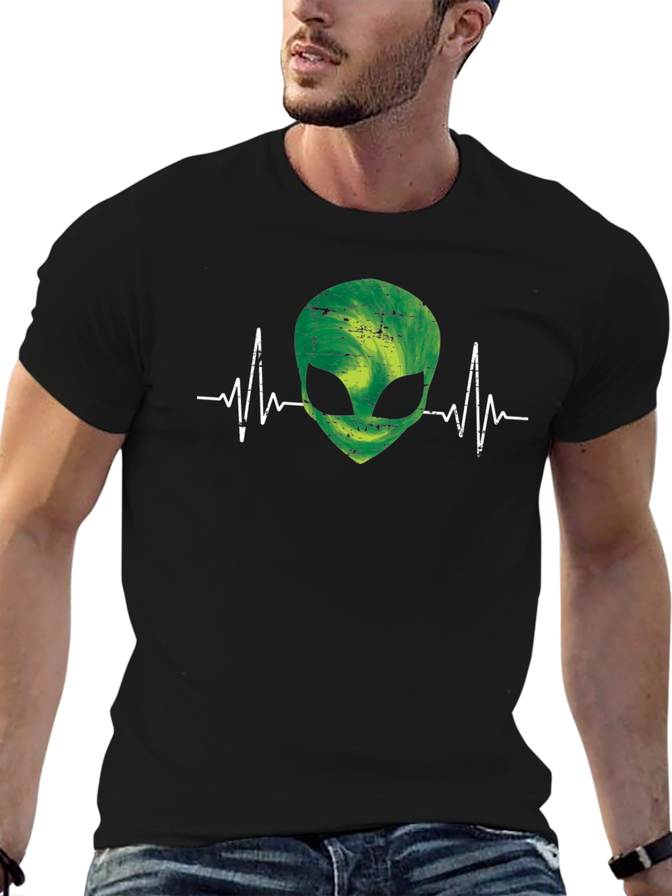 Alien Heartbeat Graphic Tee - Black Cotton T-Shirt