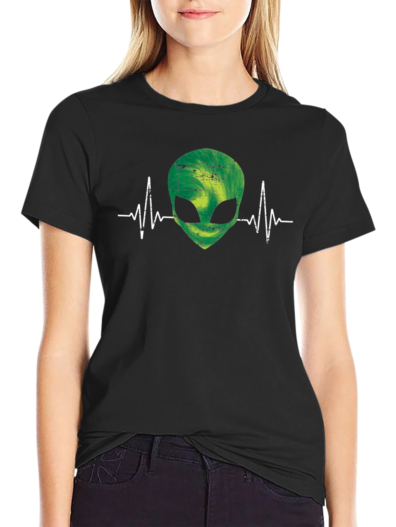 Alien Heartbeat Graphic Tee - Black Cotton T-Shirt