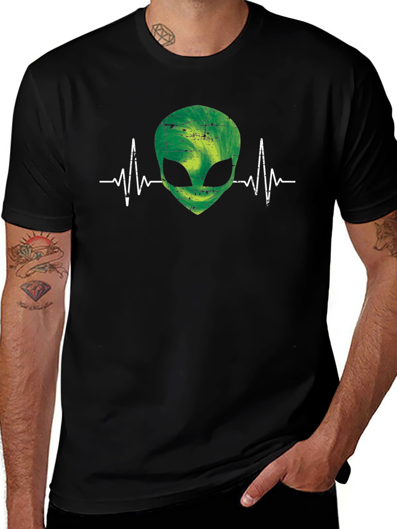 Alien Heartbeat Graphic Tee - Black Cotton T-Shirt