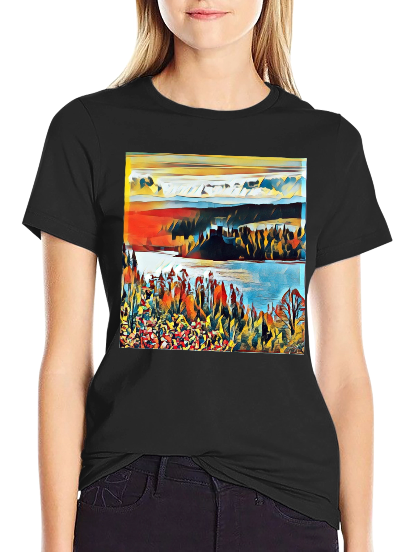 Abstract Landscape Graphic Print Tee - Black