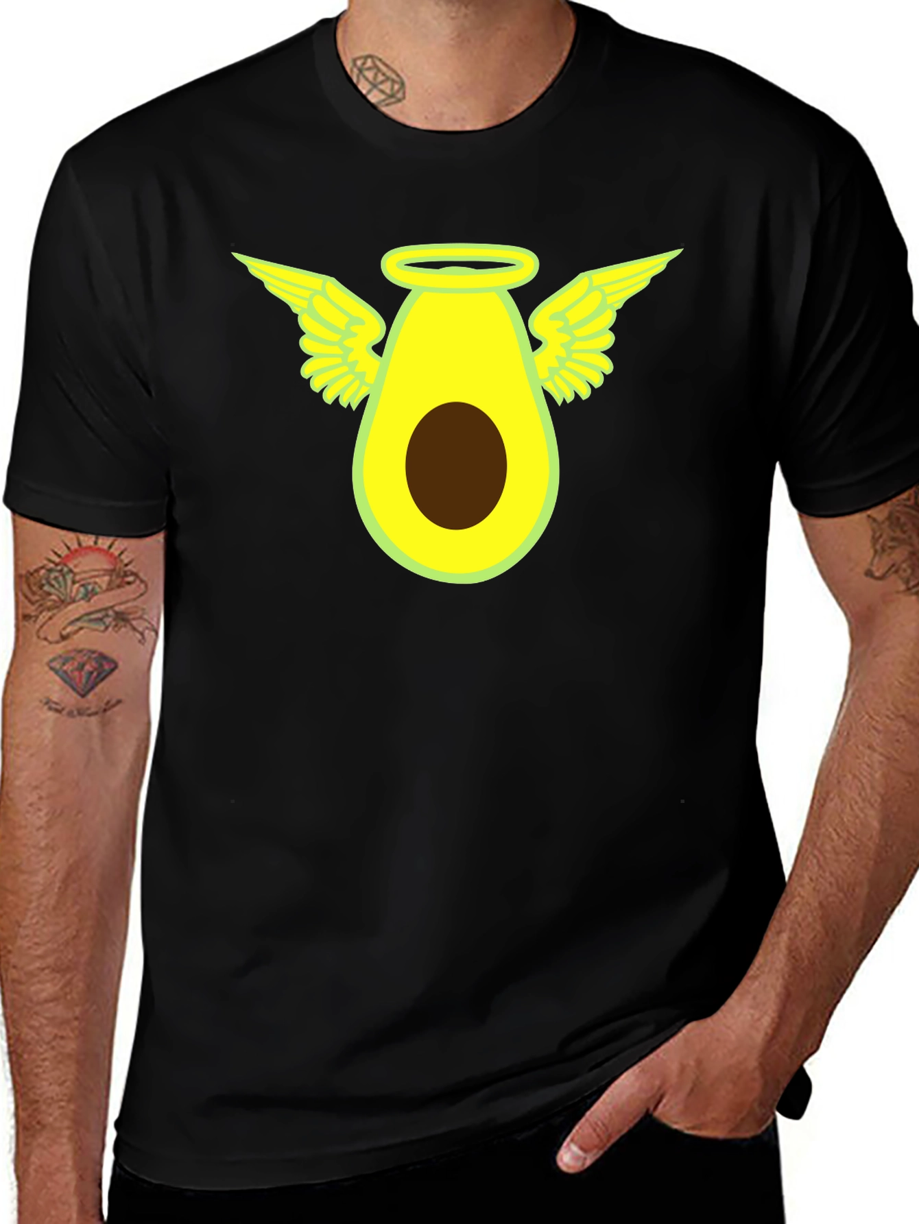 Angel Avocado Graphic Tee - Black Cotton T-Shirt