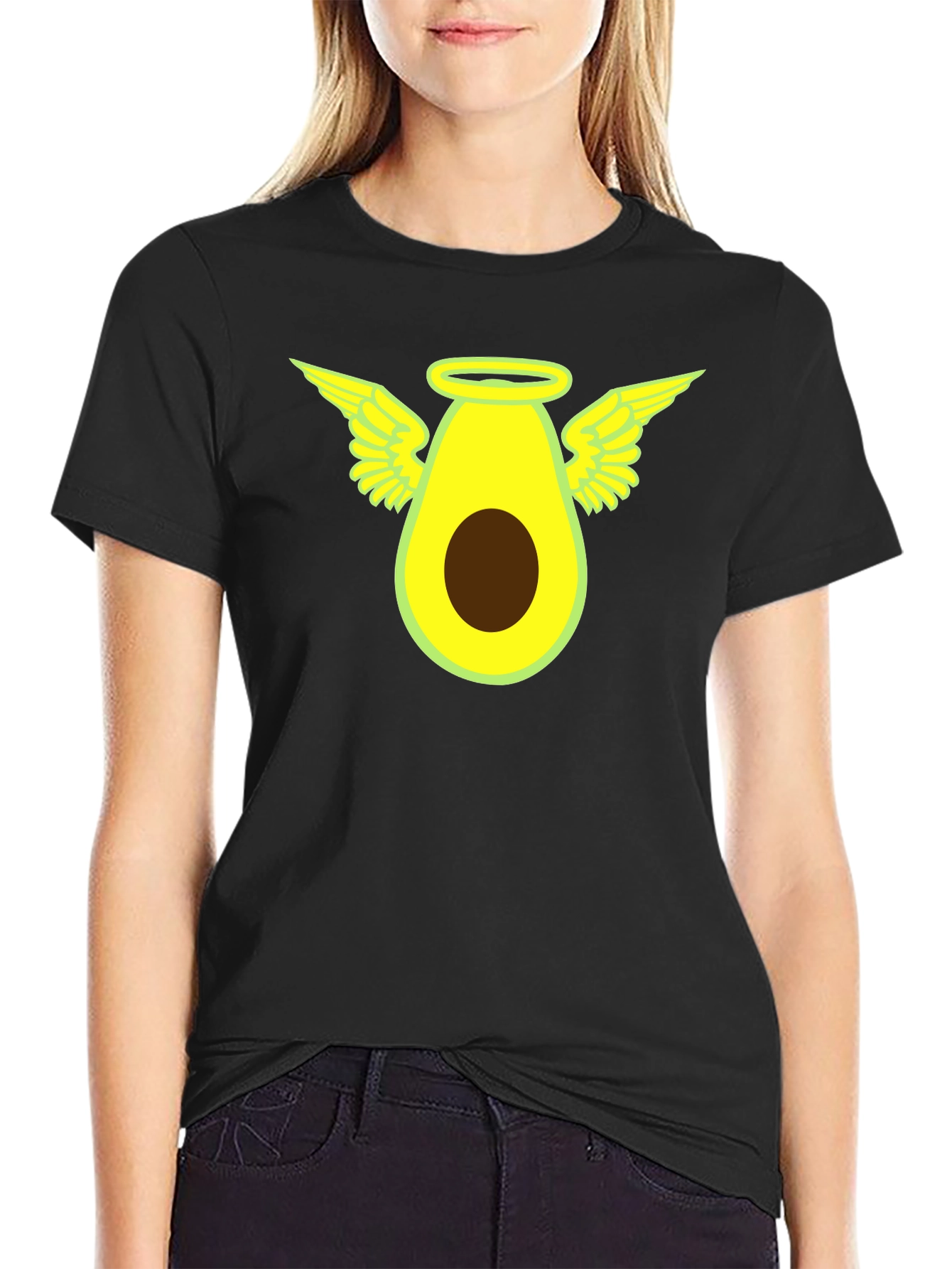 Angel Avocado Graphic Tee - Black Cotton T-Shirt