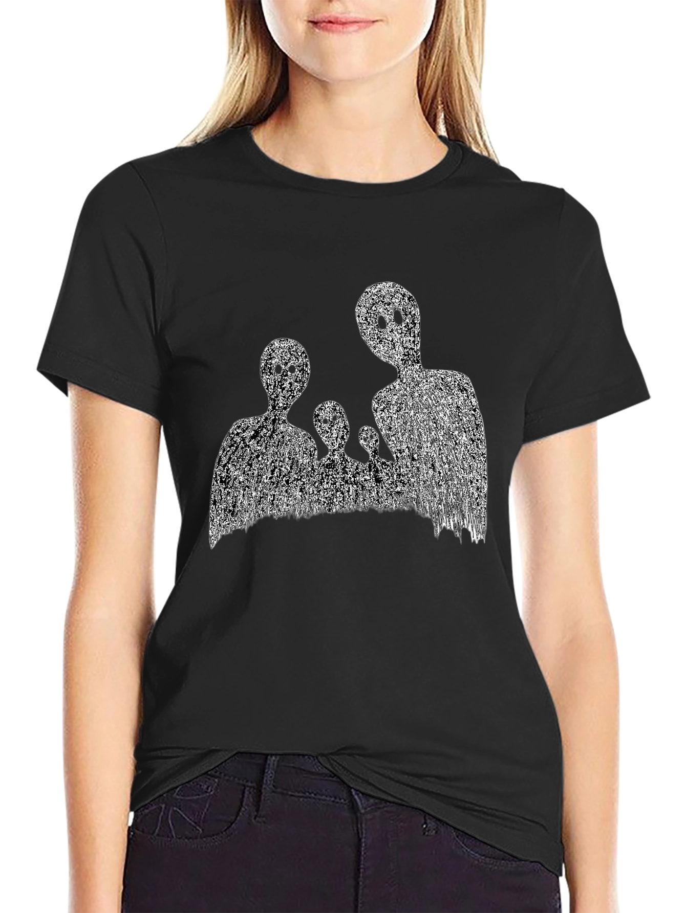 Abstract Black T-Shirt with Ghost Family