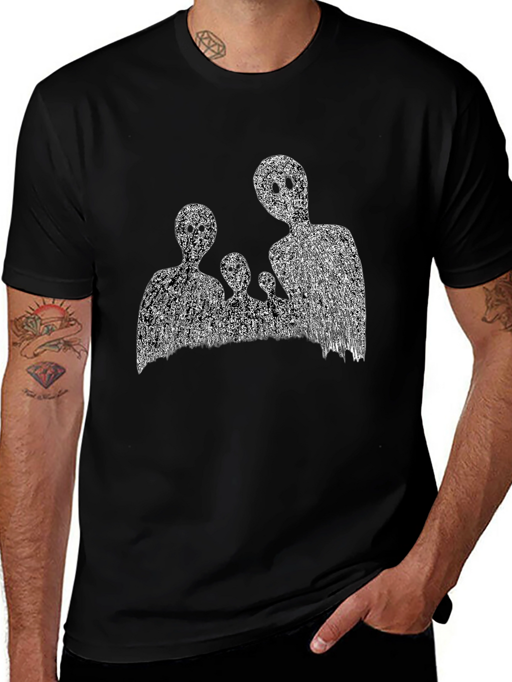 Abstract Black T-Shirt with Ghost Family