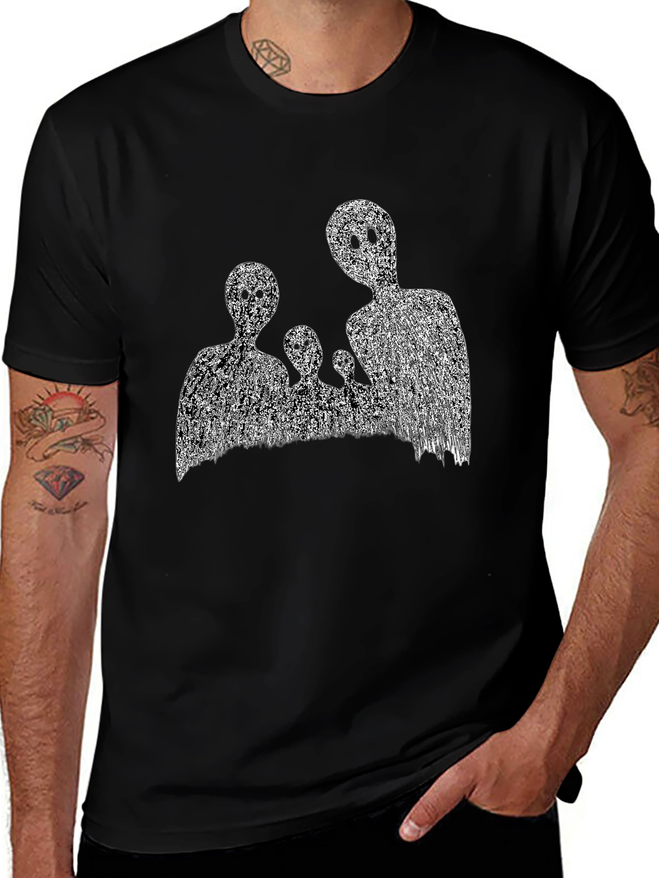 Abstract Black T-Shirt with Ghost Family