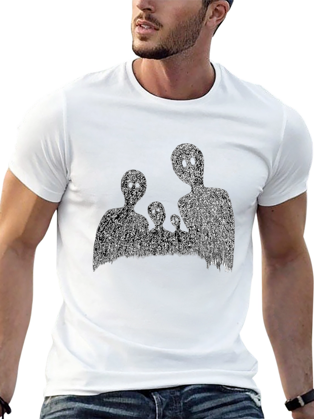 Abstract Black T-Shirt with Ghost Family