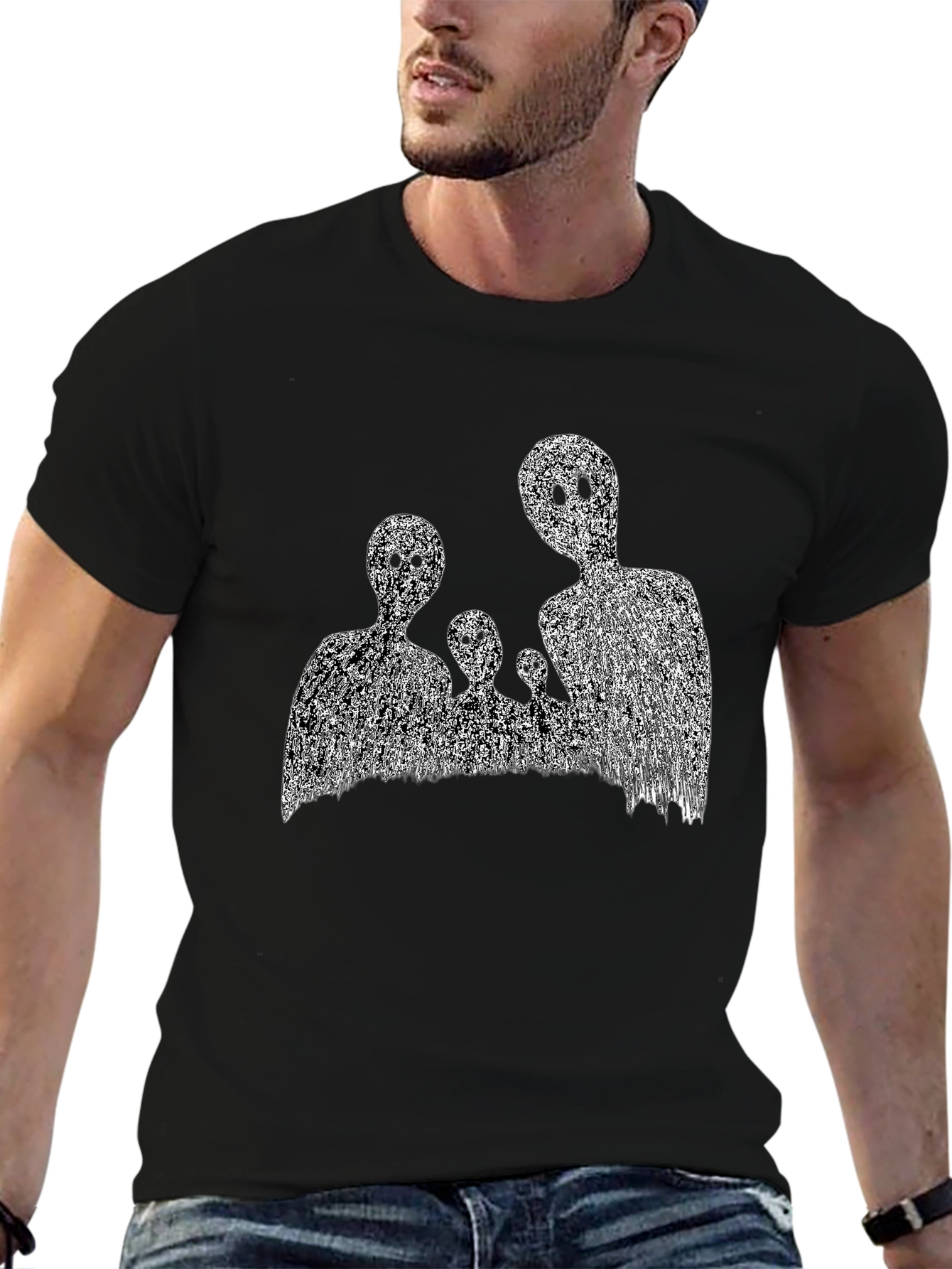 Abstract Black T-Shirt with Ghost Family