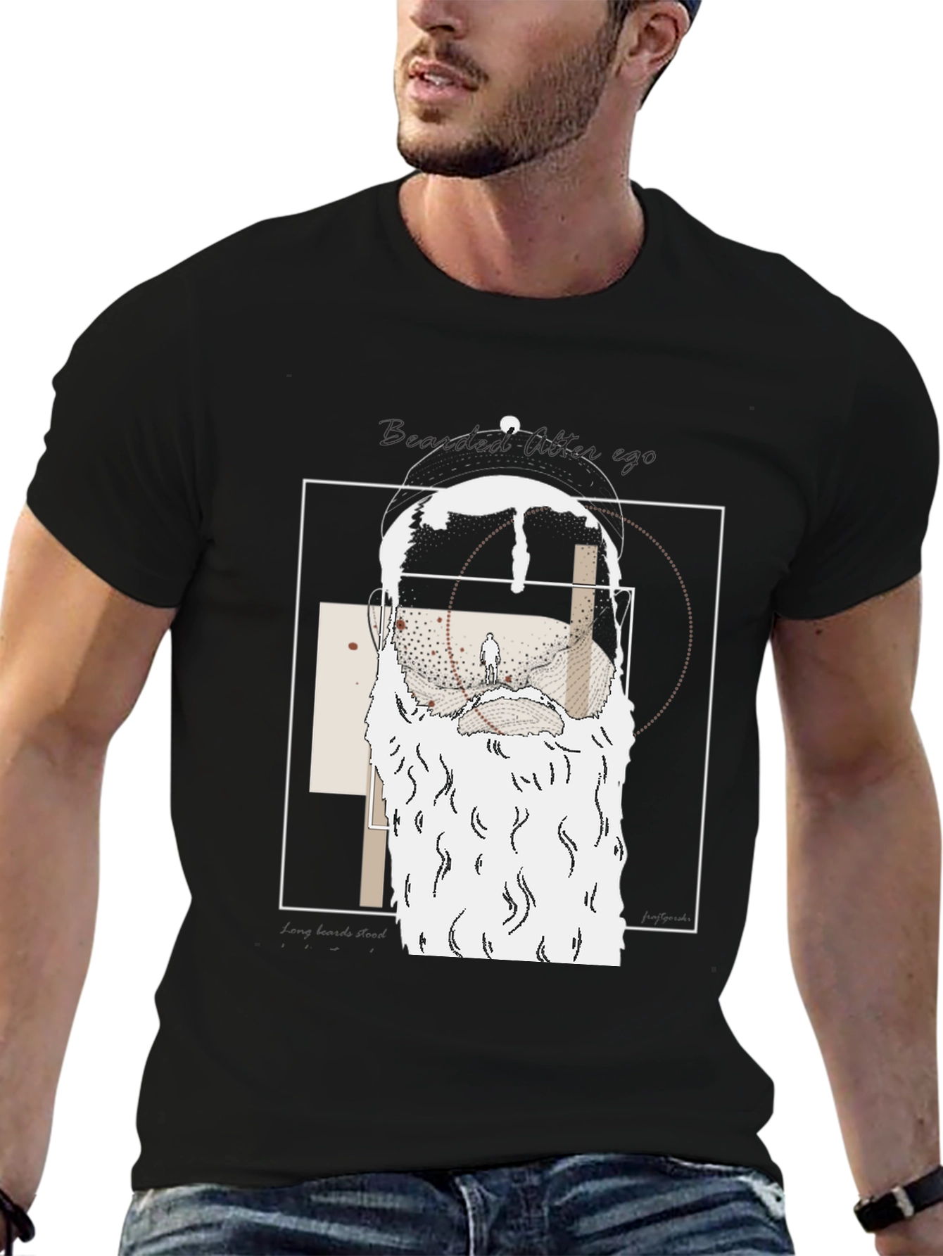 Abstract Bearded Man Graphic Tee - Black