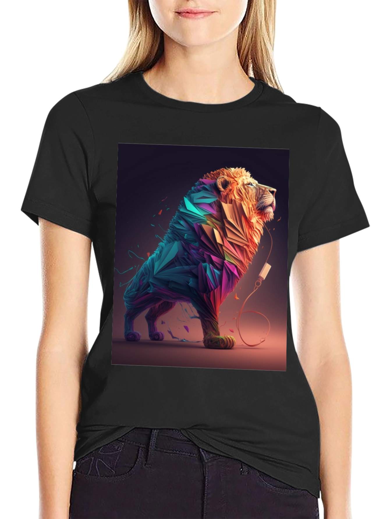 Abstract Lion Graphic Tee - Stylish Mens Black T-Shirt