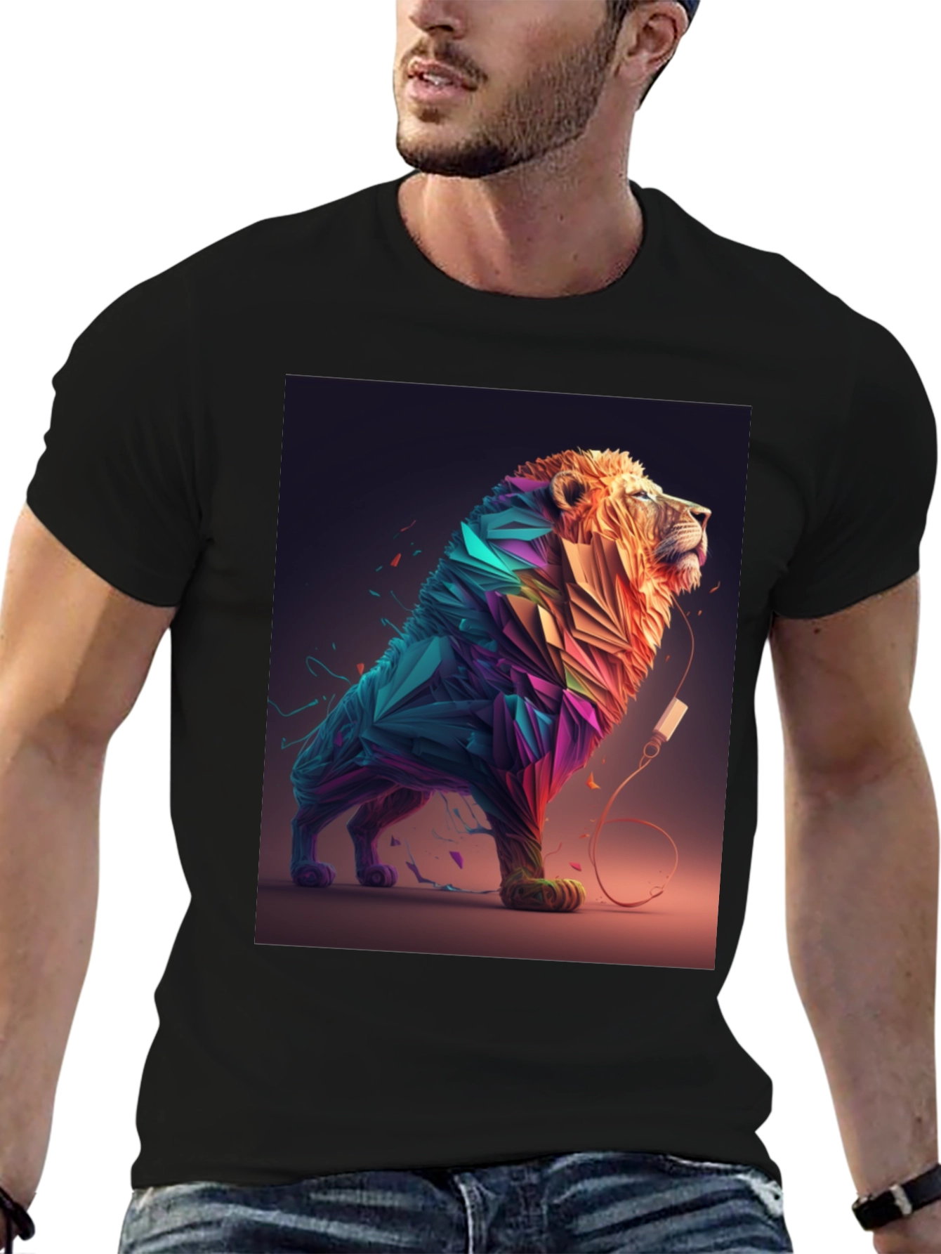 Abstract Lion Graphic Tee - Stylish Mens Black T-Shirt