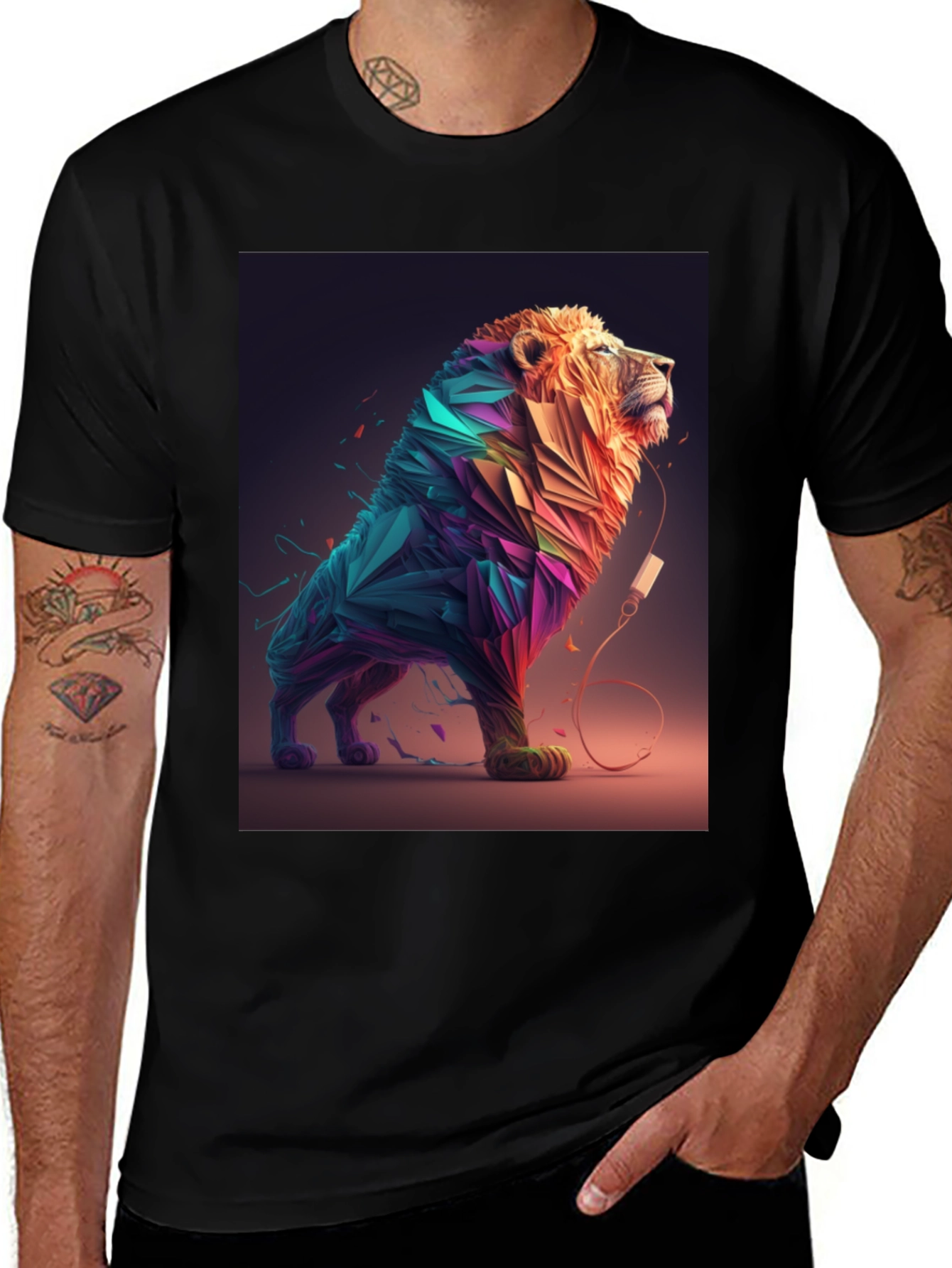 Abstract Lion Graphic Tee - Stylish Mens Black T-Shirt