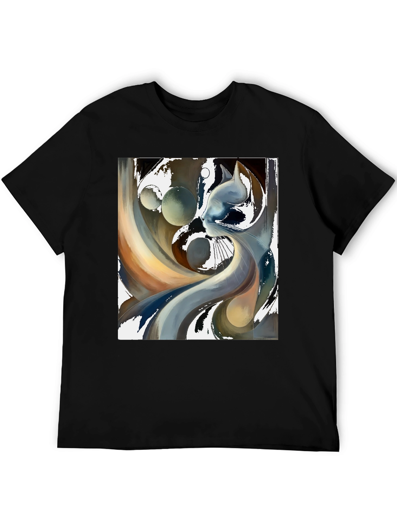 Abstract Cat Graphic Tee - Modern Art Black T-Shirt
