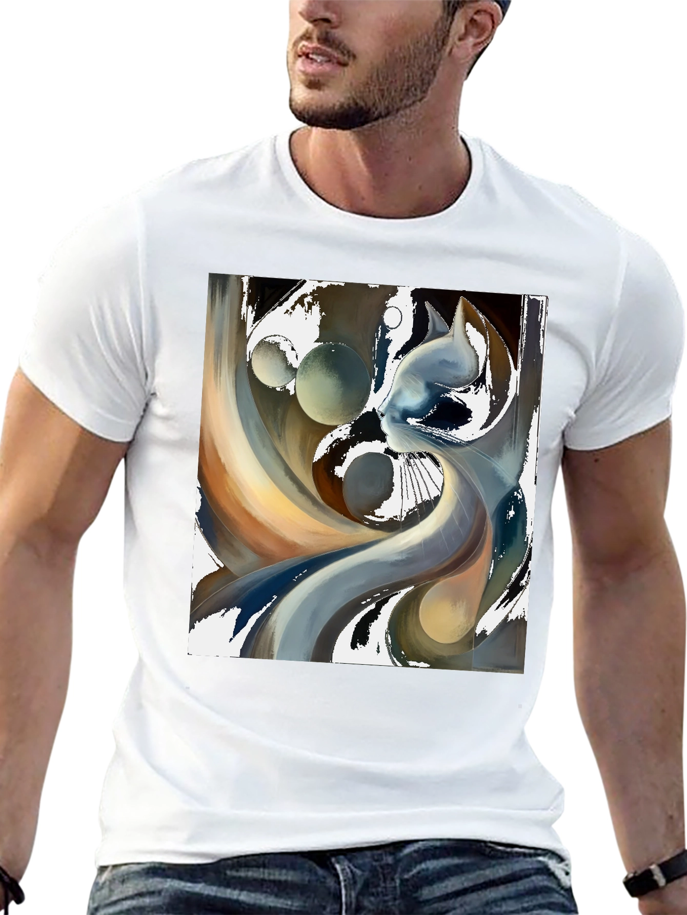 Abstract Cat Graphic Tee - Modern Art Black T-Shirt