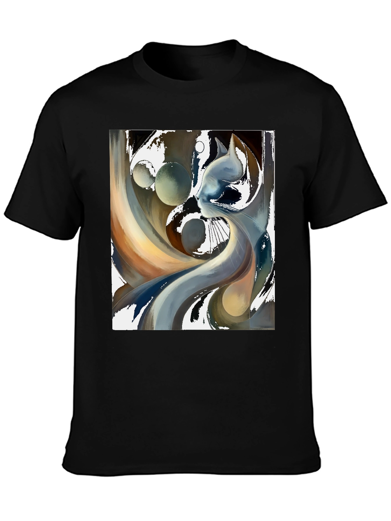 Abstract Cat Graphic Tee - Modern Art Black T-Shirt