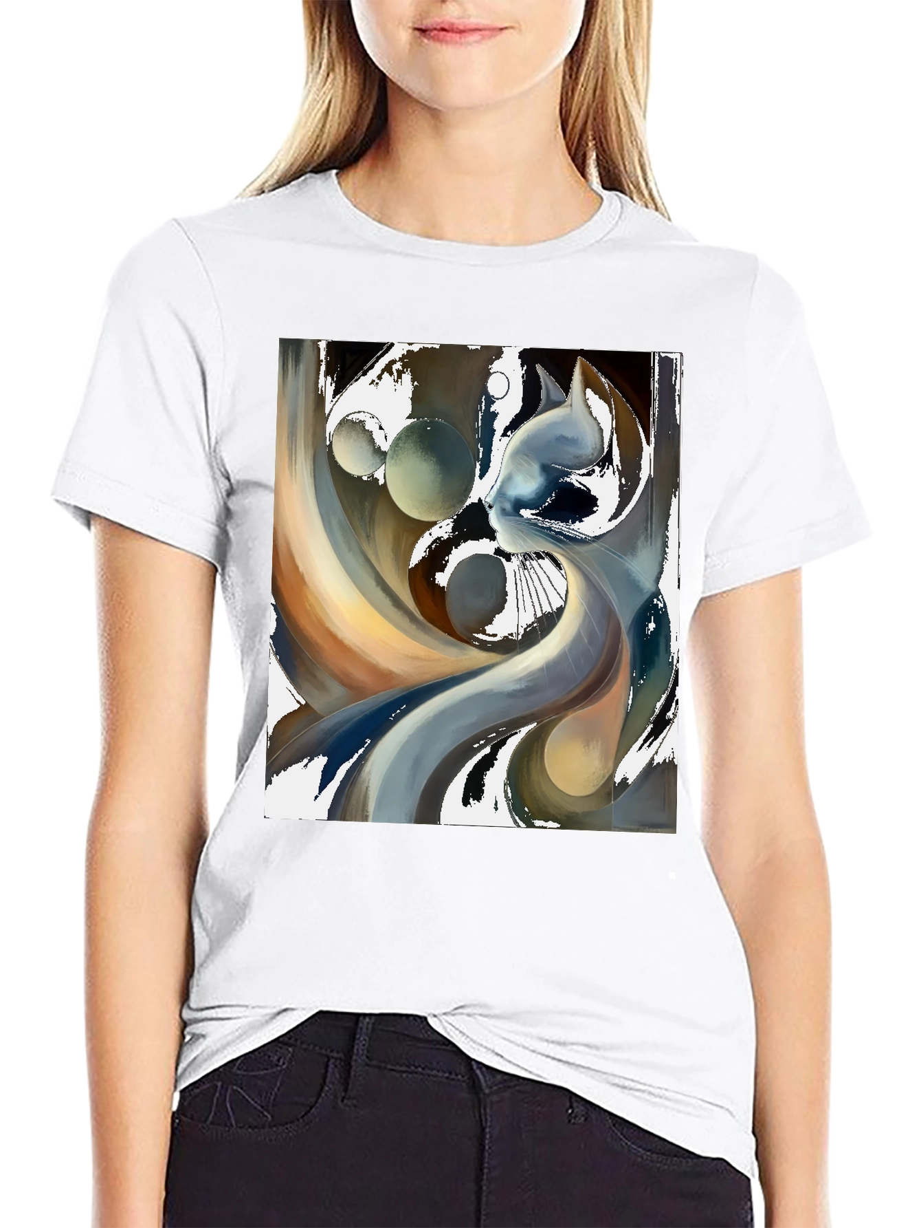 Abstract Cat Graphic Tee - Modern Art Black T-Shirt