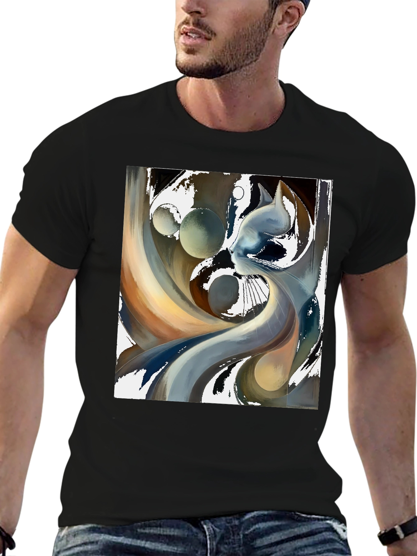 Abstract Cat Graphic Tee - Modern Art Black T-Shirt