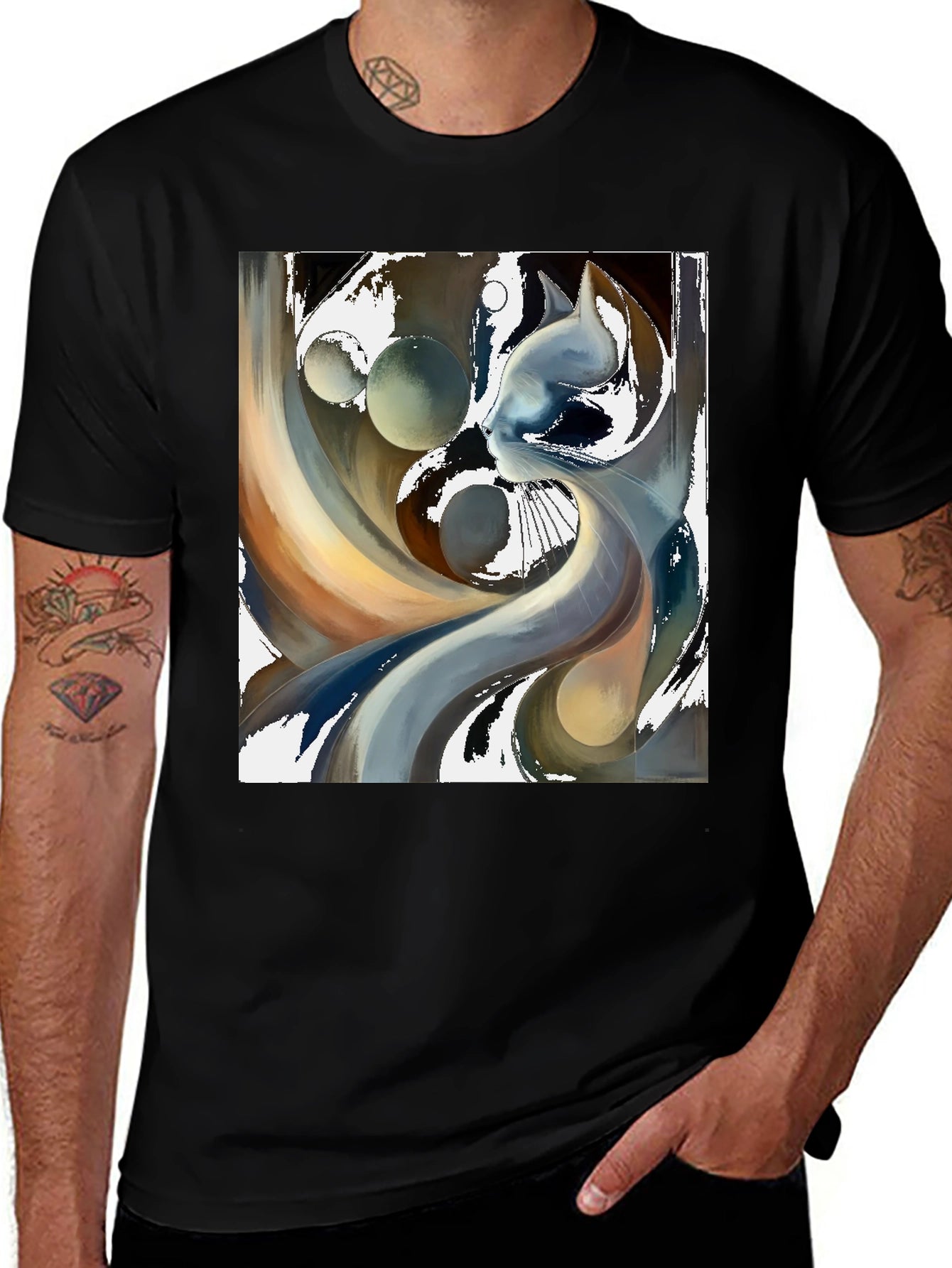 Abstract Cat Graphic Tee - Modern Art Black T-Shirt