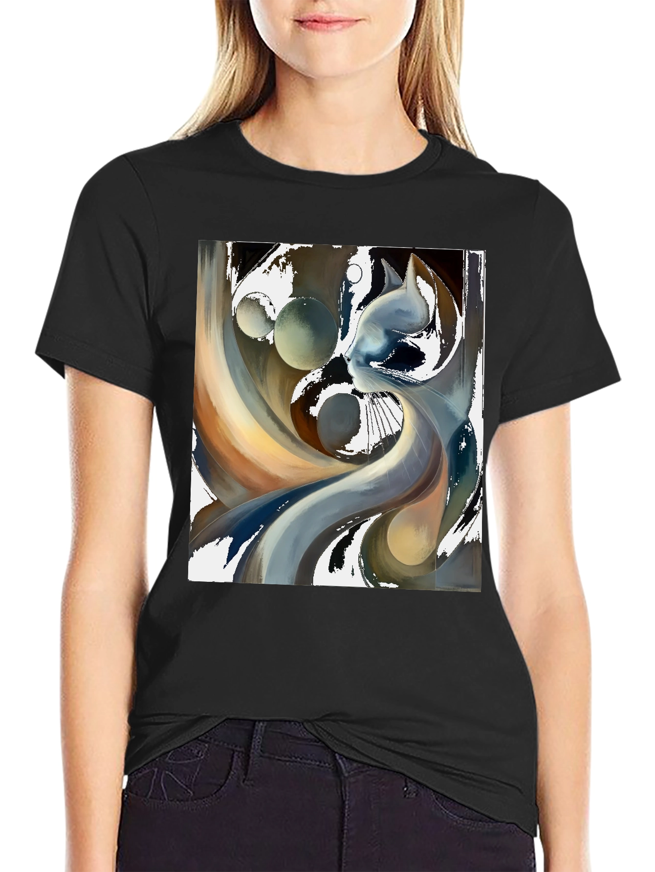 Abstract Cat Graphic Tee - Modern Art Black T-Shirt